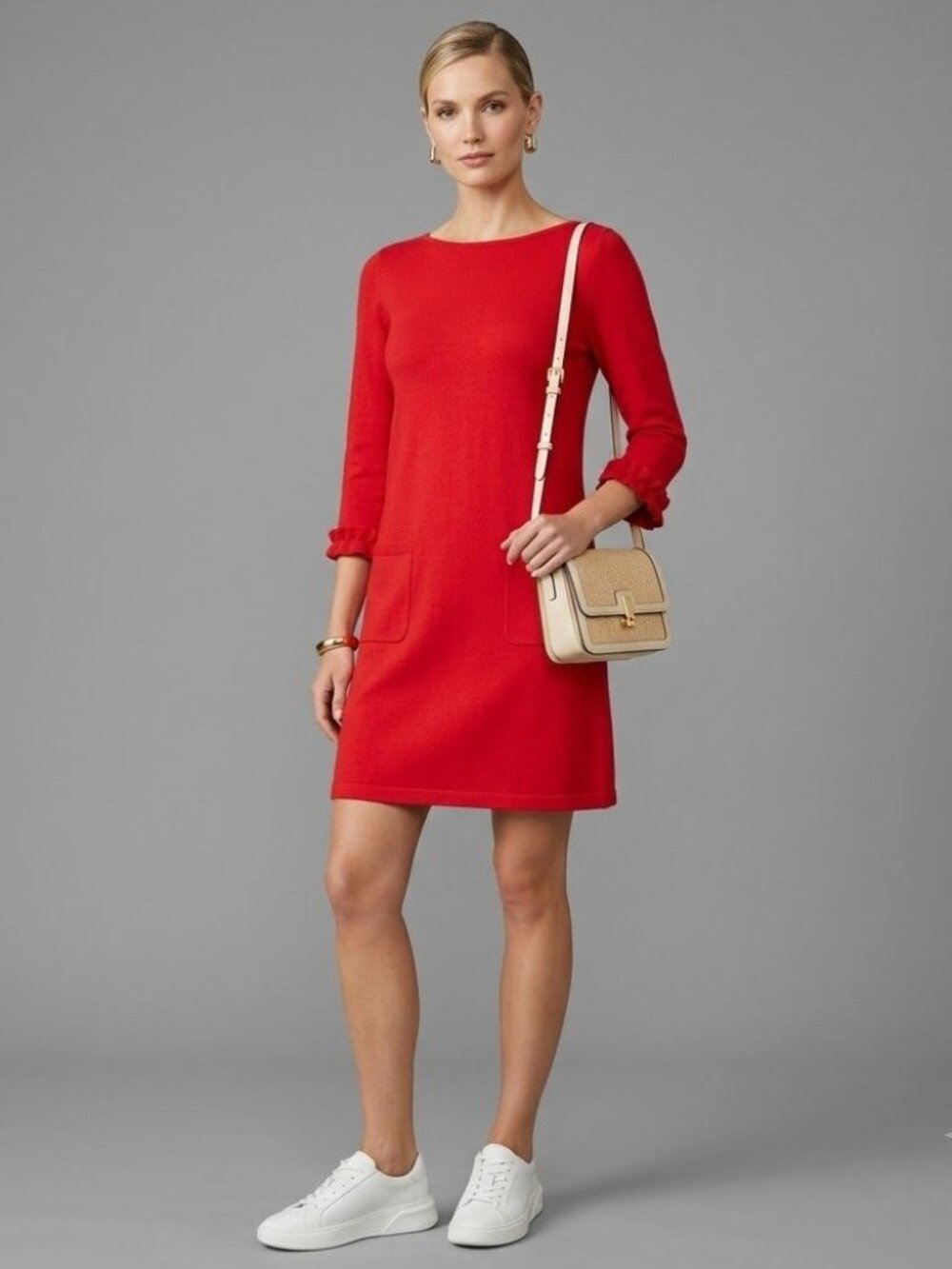 Tabitha Webb Red Shift Dress Womens Size S Long Sleeve Pockets